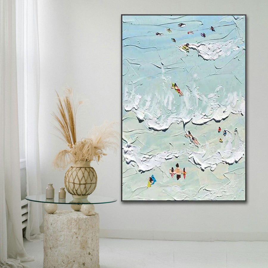 Abstract painting of people on ocean beach with a light blue background near a vase