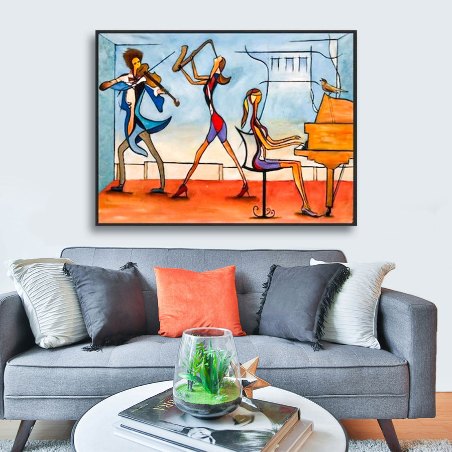Colorful abstract painting of musicians above a gray sofa with colorful cushions.