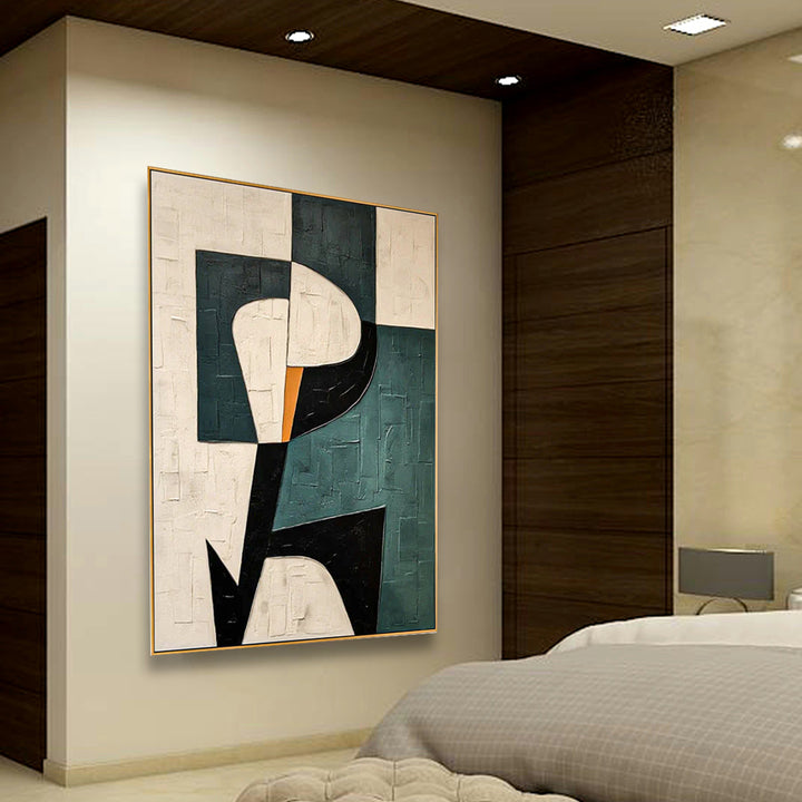 Abstract painting on a wall in a bedroom setting