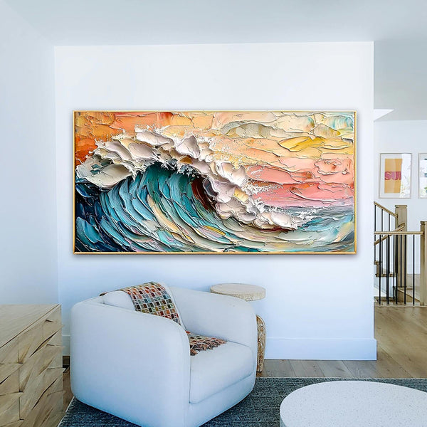 Living room with a large abstract wave painting on the wall