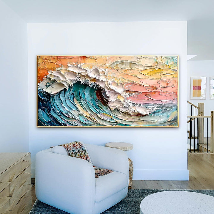 Living room with a large abstract wave painting on the wall