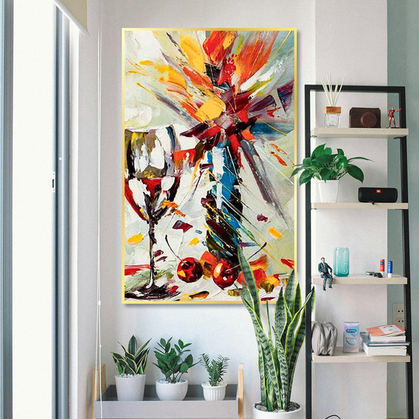 Abstract painting in a modern interior setting with plants and shelves.