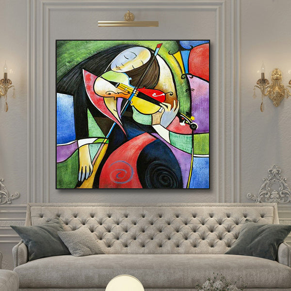 Abstract painting of a woman playing a violin in a living room setting.