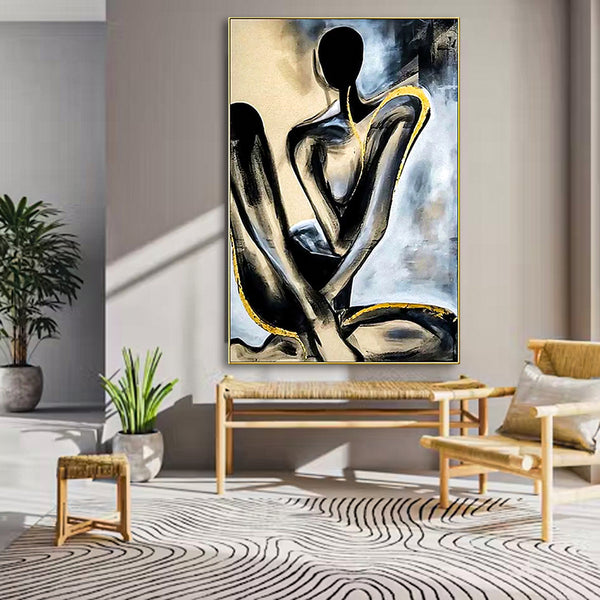 Abstract art painting of a nude figure in a modern living room setting.