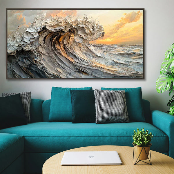 Living room with teal sofa, decorative pillows, and a large framed artwork of wave motion.