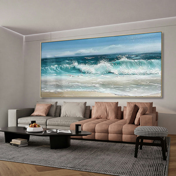 Living room with a large ocean wave painting