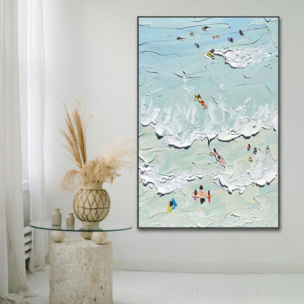 Abstract painting of people on ocean beach with a light blue background near a vase