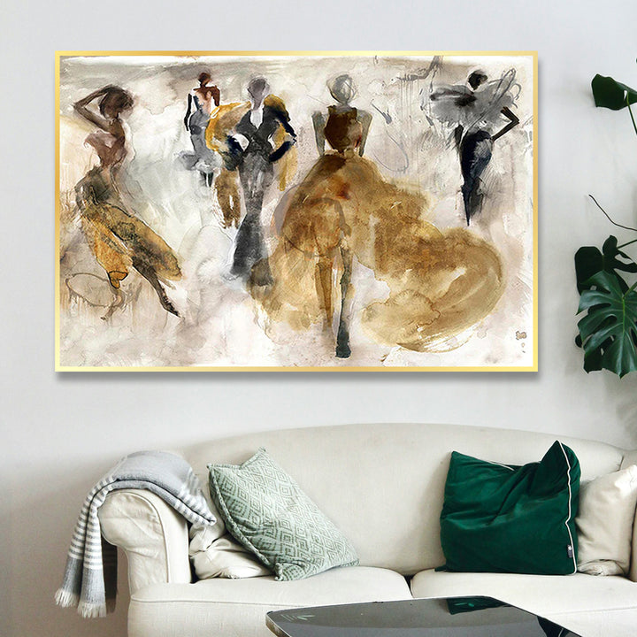 Abstract art painting of figures in a living room setting with a sofa and decorative pillows.