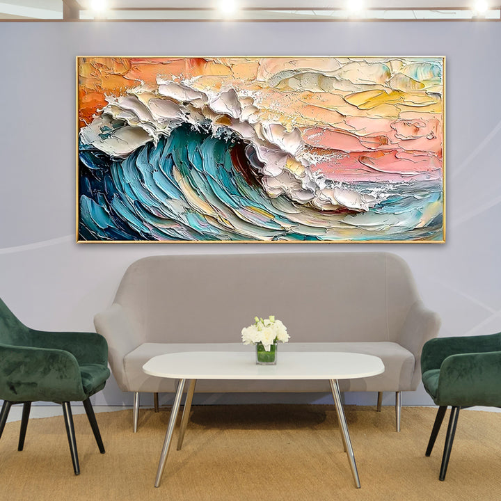 Abstract wave painting on a wall above a sofa in a living room.