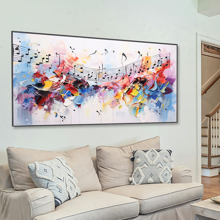Colorful abstract painting of musical notes above a beige sofa with decorative pillows.