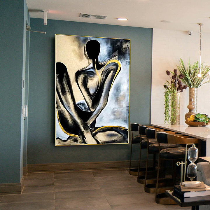 Abstract painting of a seated figure in a modern interior setting