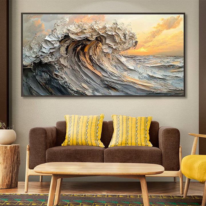 Living room with a wave motion painting on the wall, a brown sofa with yellow pillows, and a wooden coffee table.