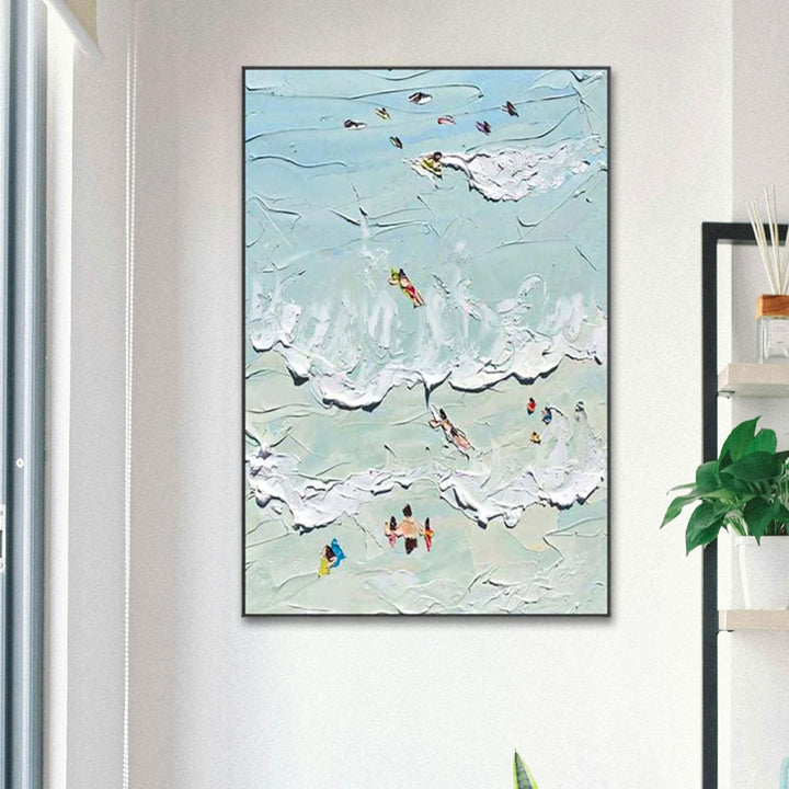 Abstract painting of people on ocean beach with a light blue background