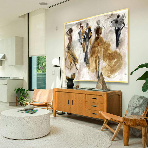 Modern living room with abstract art on the wall, wooden furniture, and decorative items.