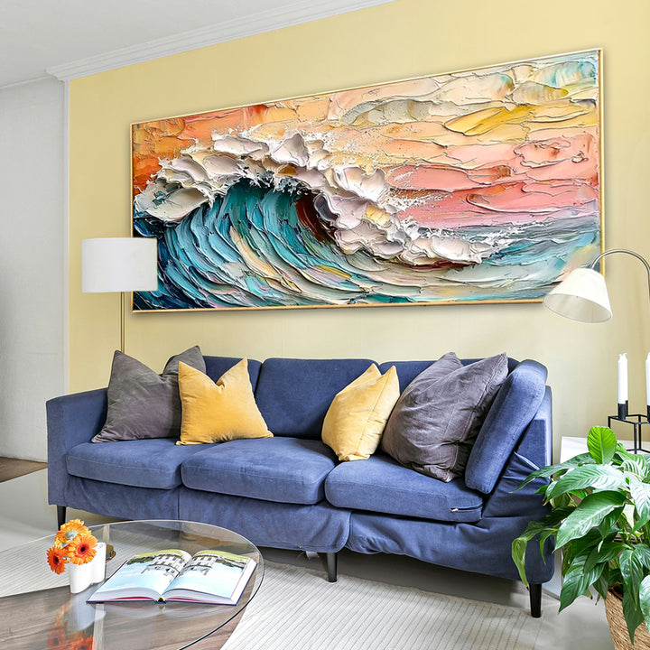 Living room with a blue sofa, colorful abstract painting, and decorative elements.
