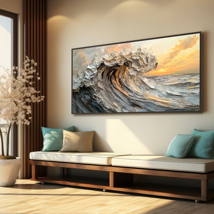 Living room with a large abstract wave motion painting on the wall, a wooden bench, and decorative pillows.
