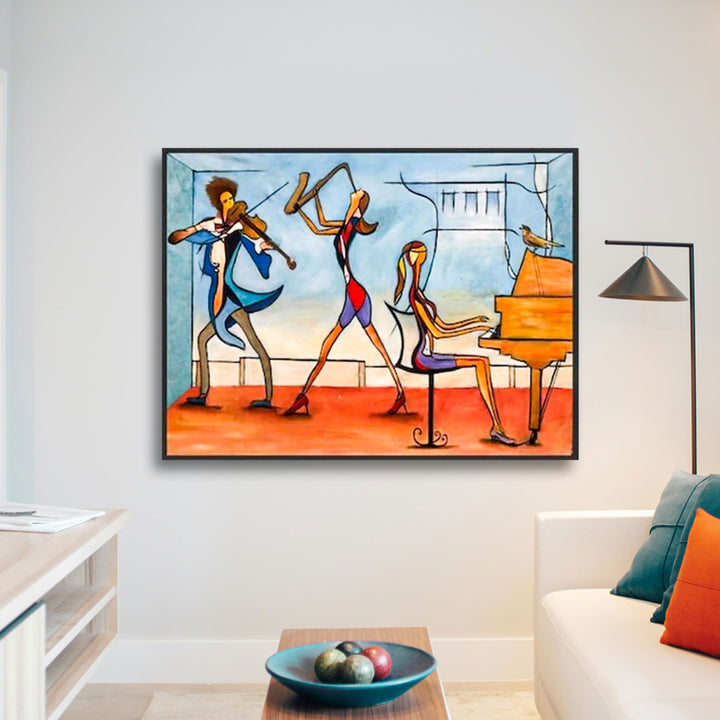 Framed abstract artwork of musicians in a living room setting