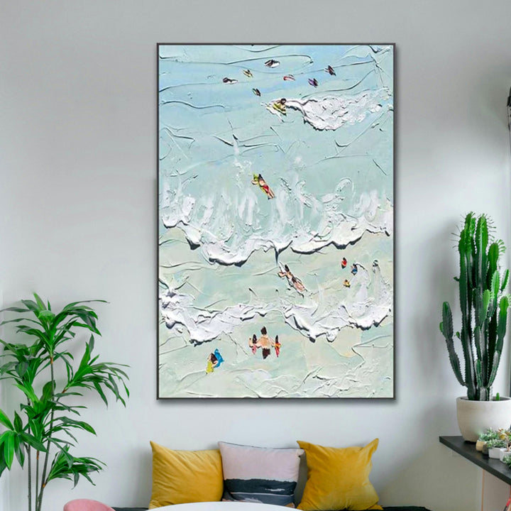 Abstract painting of people on an ocean beach with a light blue background. 