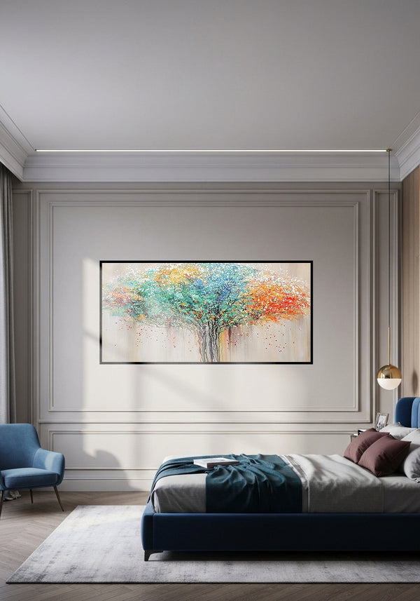 Modern bedroom with a colorful abstract painting on the wall