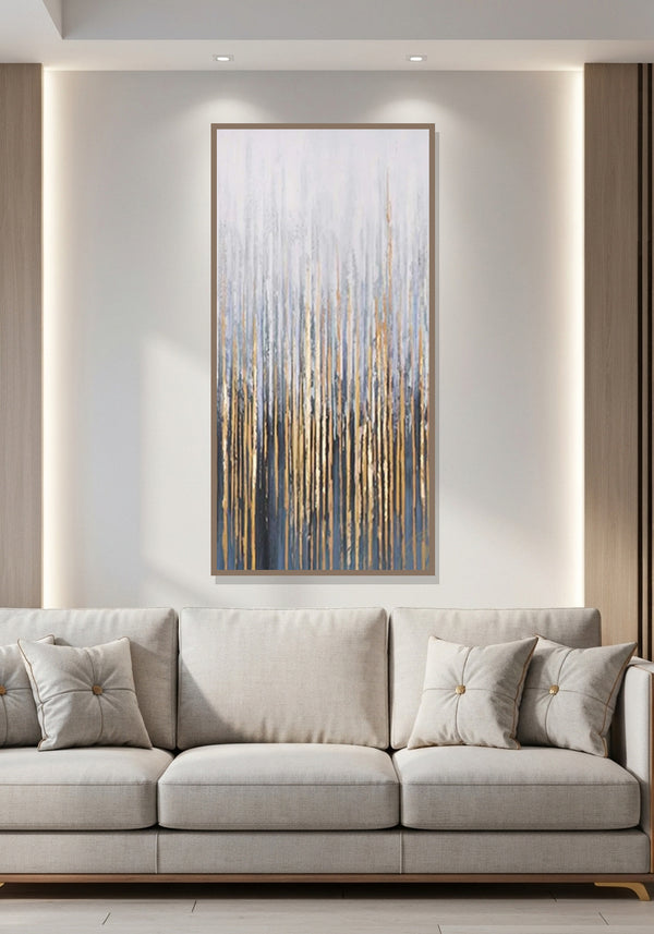 Abstract painting on a wall above a sofa in a modern living room