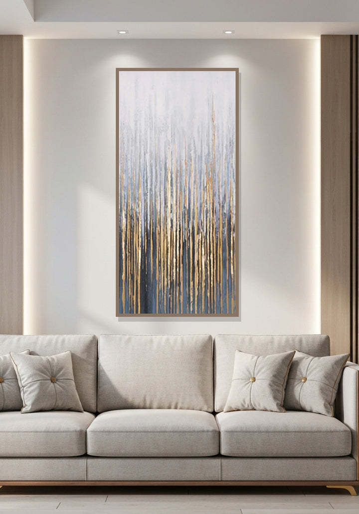 Abstract painting on a wall above a sofa in a modern living room