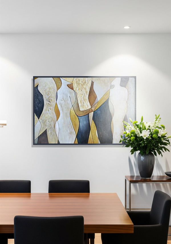 Modern interior with a wooden table and chairs, abstract painting on the wall, and a vase with flowers.
