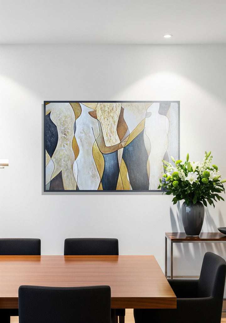 Modern interior with a wooden table and chairs, abstract painting on the wall, and a vase with flowers.