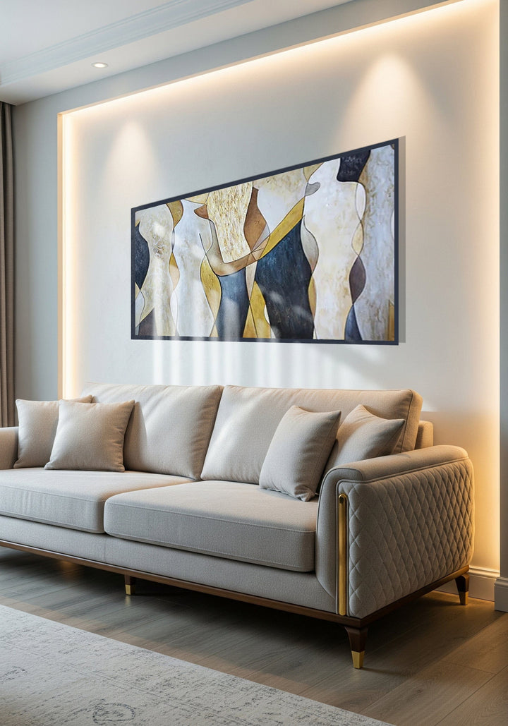 Modern living room with a gray sofa and abstract painting on the wall.