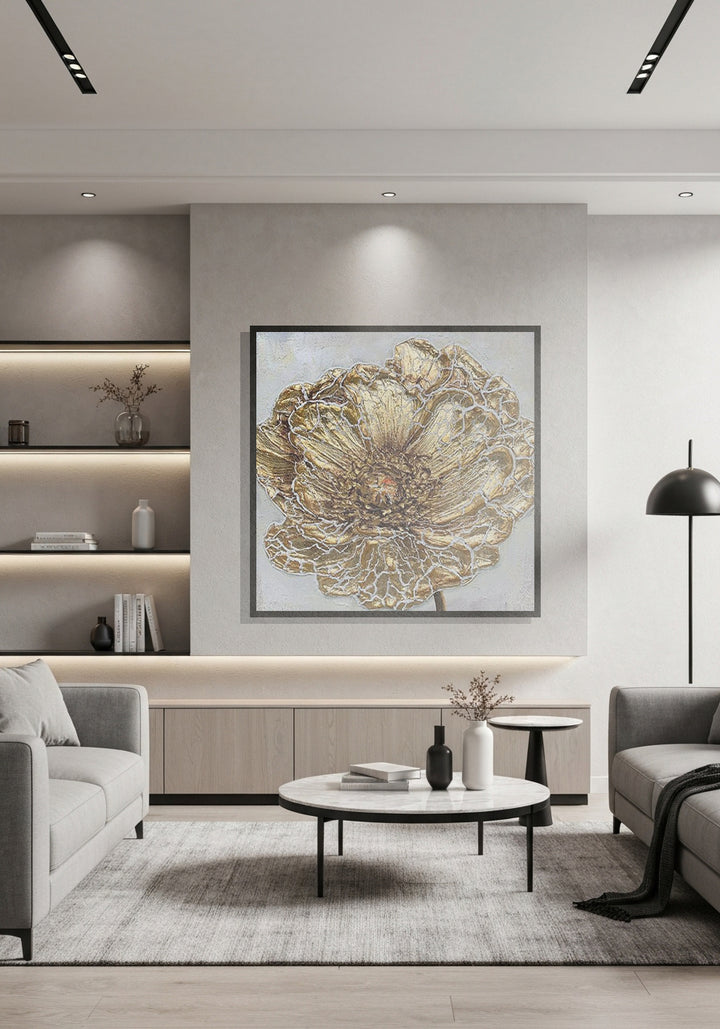 Modern living room with a decorative wall art piece, shelves, and furniture.
