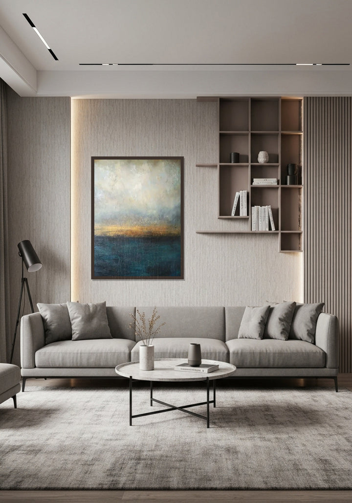 Modern living room with gray sofa, coffee table, and wall art.