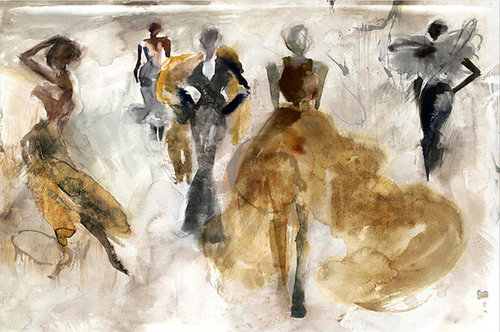 Abstract painting of figures in various poses on a light background