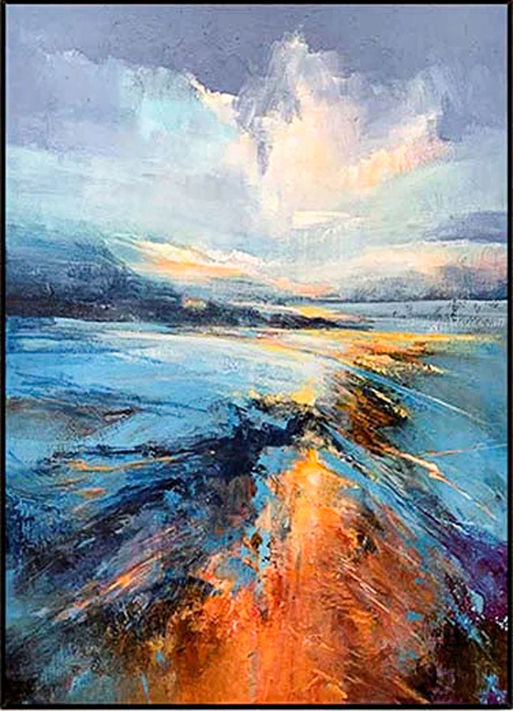 Painting of a snowy landscape with a bright sky