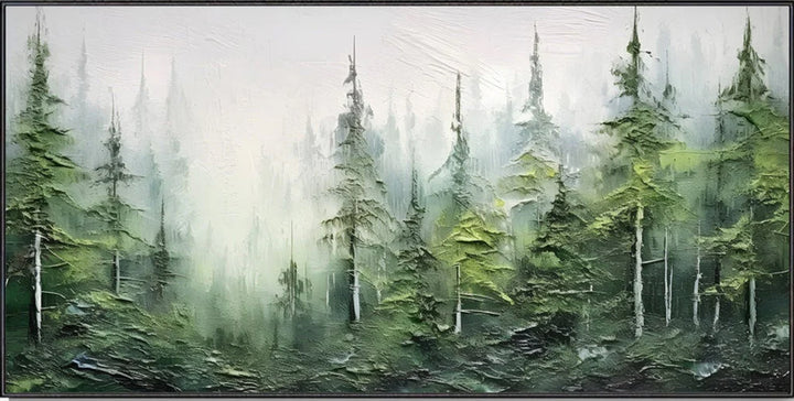 Oil painting of a forest with tall trees and misty atmosphere