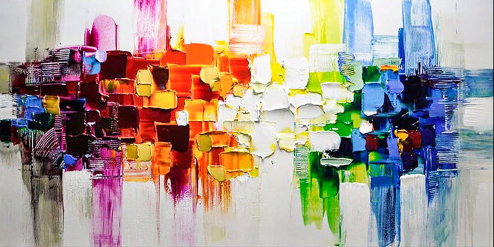 Colorful abstract painting with a variety of vibrant colors on a white background