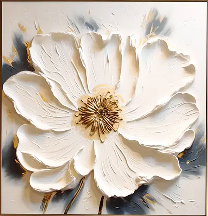 Flower painting of a white flower with gold center on a gray background