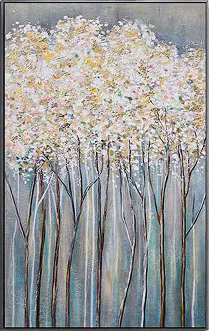 Abstract painting of trees with white blossoms on a gray background