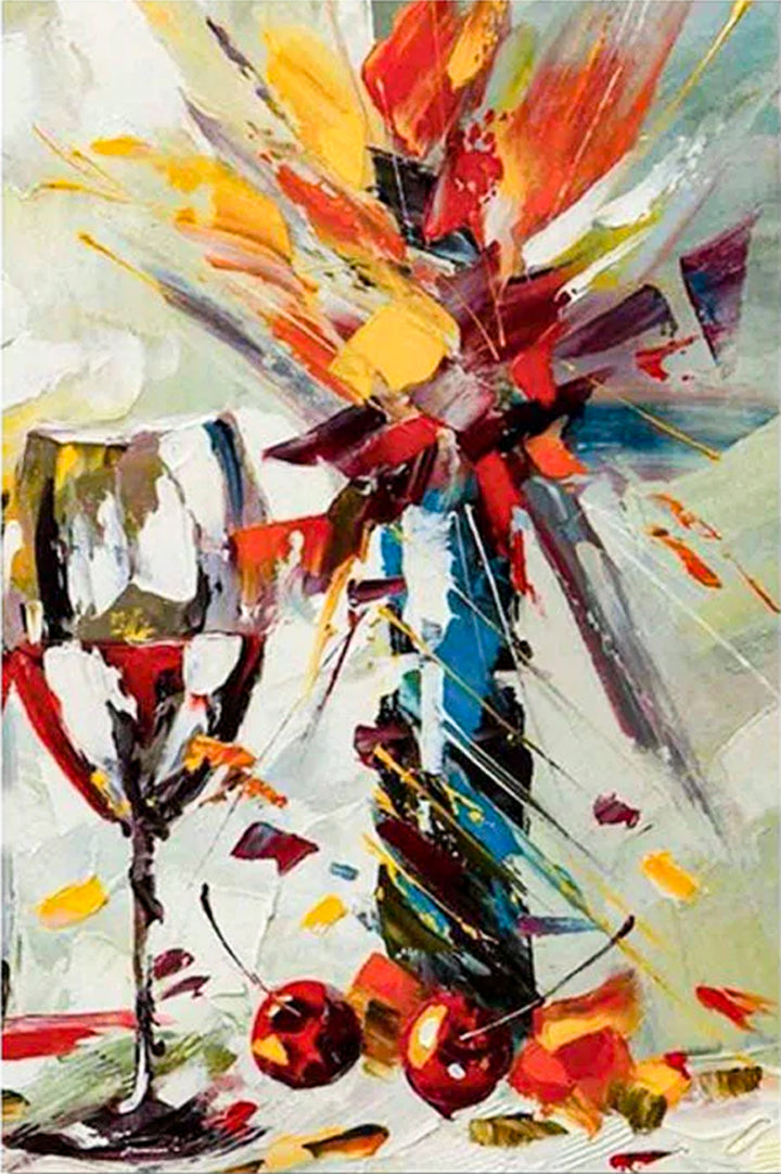 Abstract painting of a wine glass with colorful splashes and cherries.