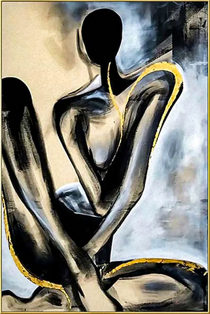 Abstract artwork of two figures in a close embrace with a blurred background
