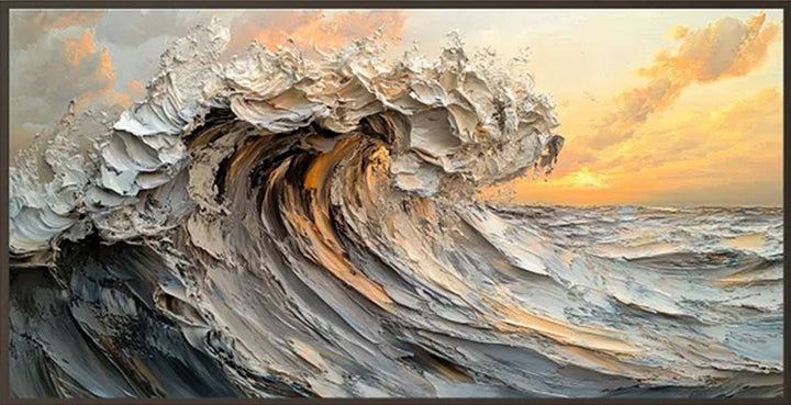 Large wave motion with a sunset sky in the background
