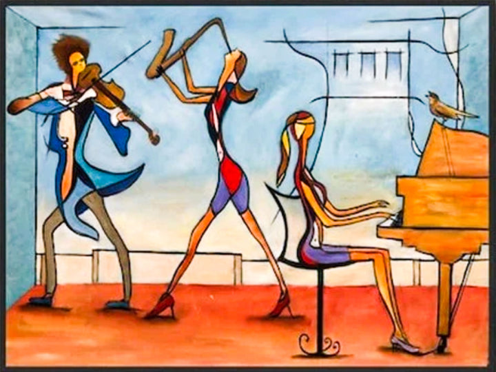Colorful abstract painting of musicians playing instruments