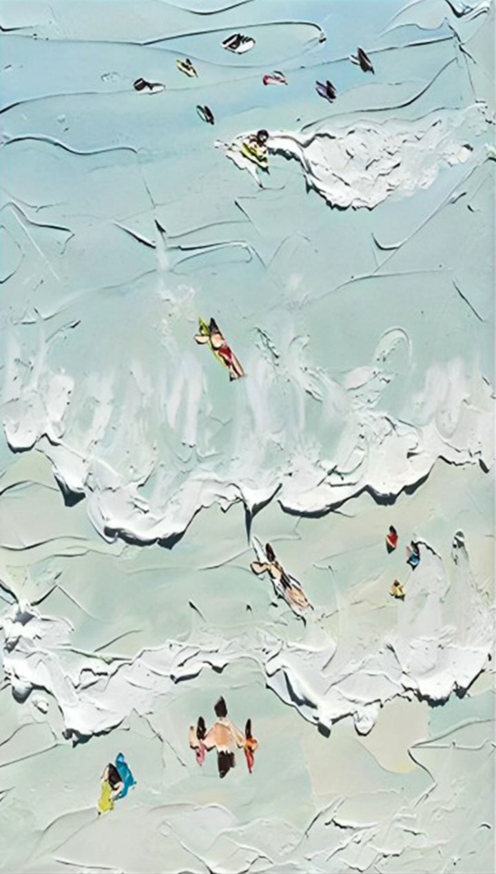 Artistic depiction of people playing in the water with a textured watercolor effect.