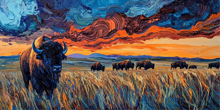Painting of a bison in a field with a dramatic sky